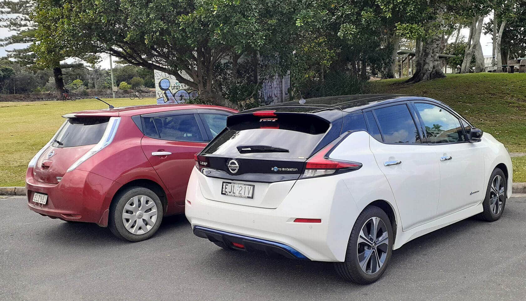 EVs Nissan Leaf in white and red